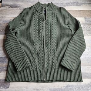 Land's End 90s Y2K Style Zip Front Cardigan Sweater Cable Knit Army Green Large